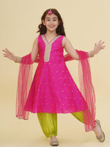 Girls Pink Self Design Kurta and Afgani Salwar With Dupatta
