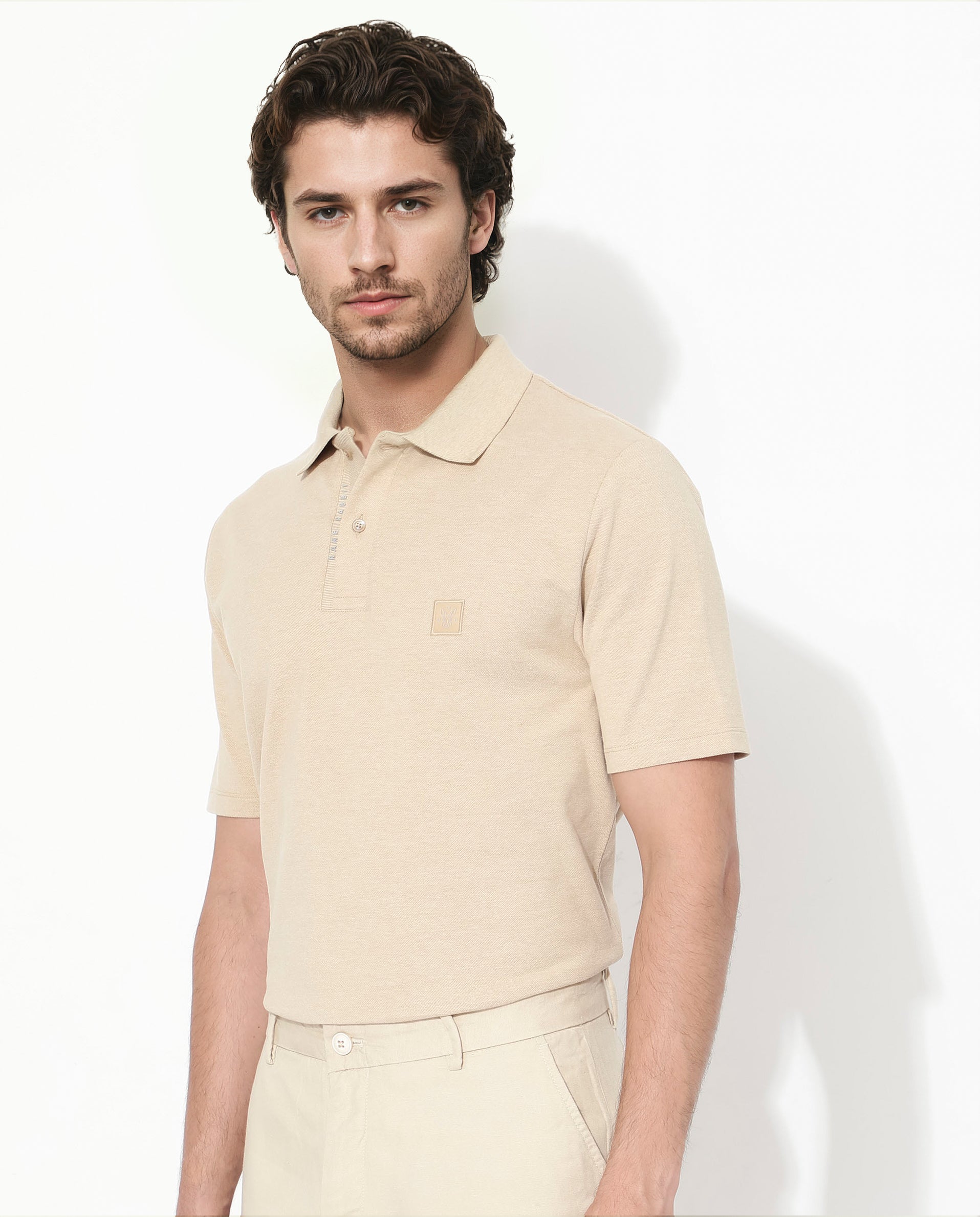 Men's Beige Casual Regular Fit Solid Half Sleeves Polo Tshirt