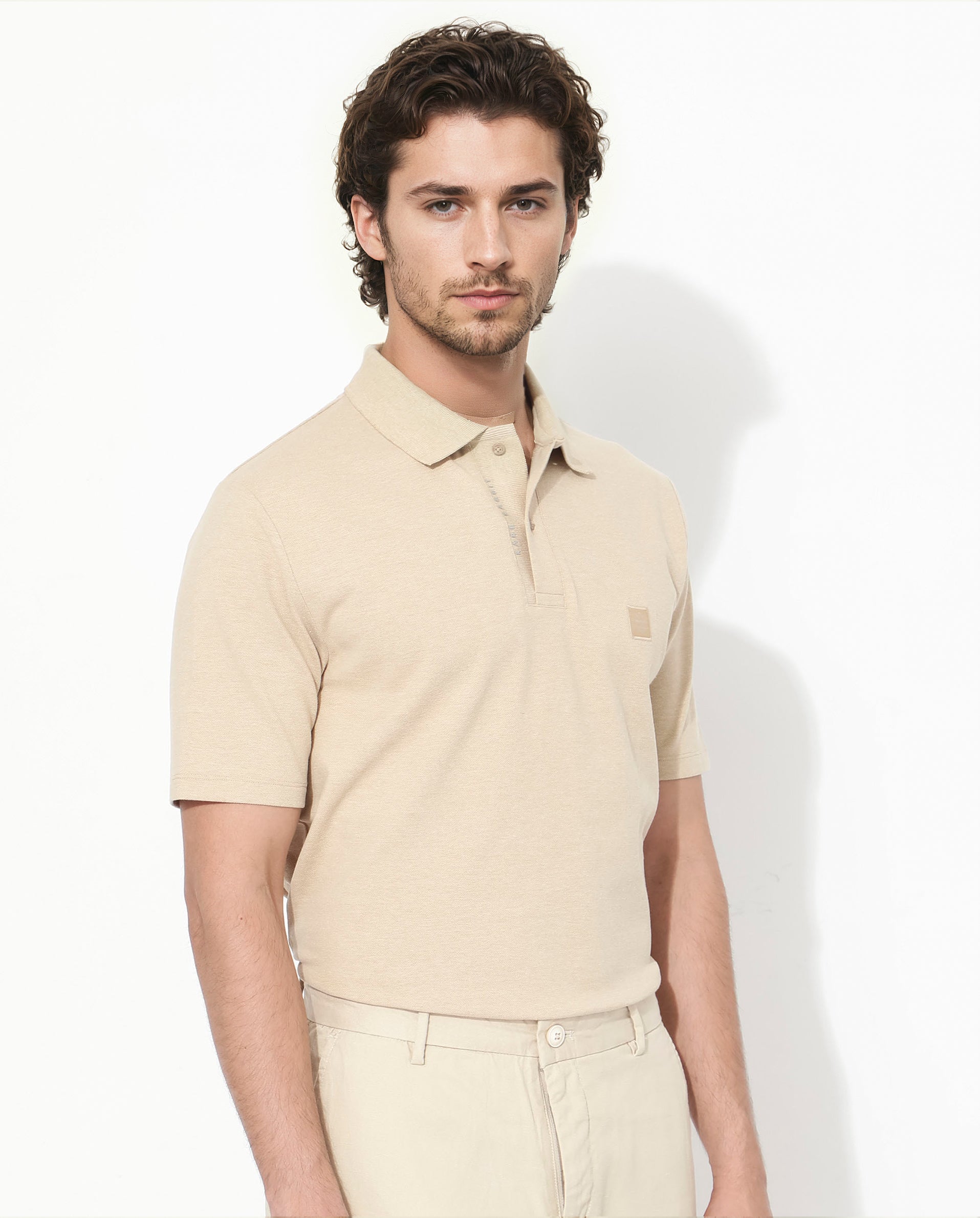 Men's Beige Casual Regular Fit Solid Half Sleeves Polo Tshirt