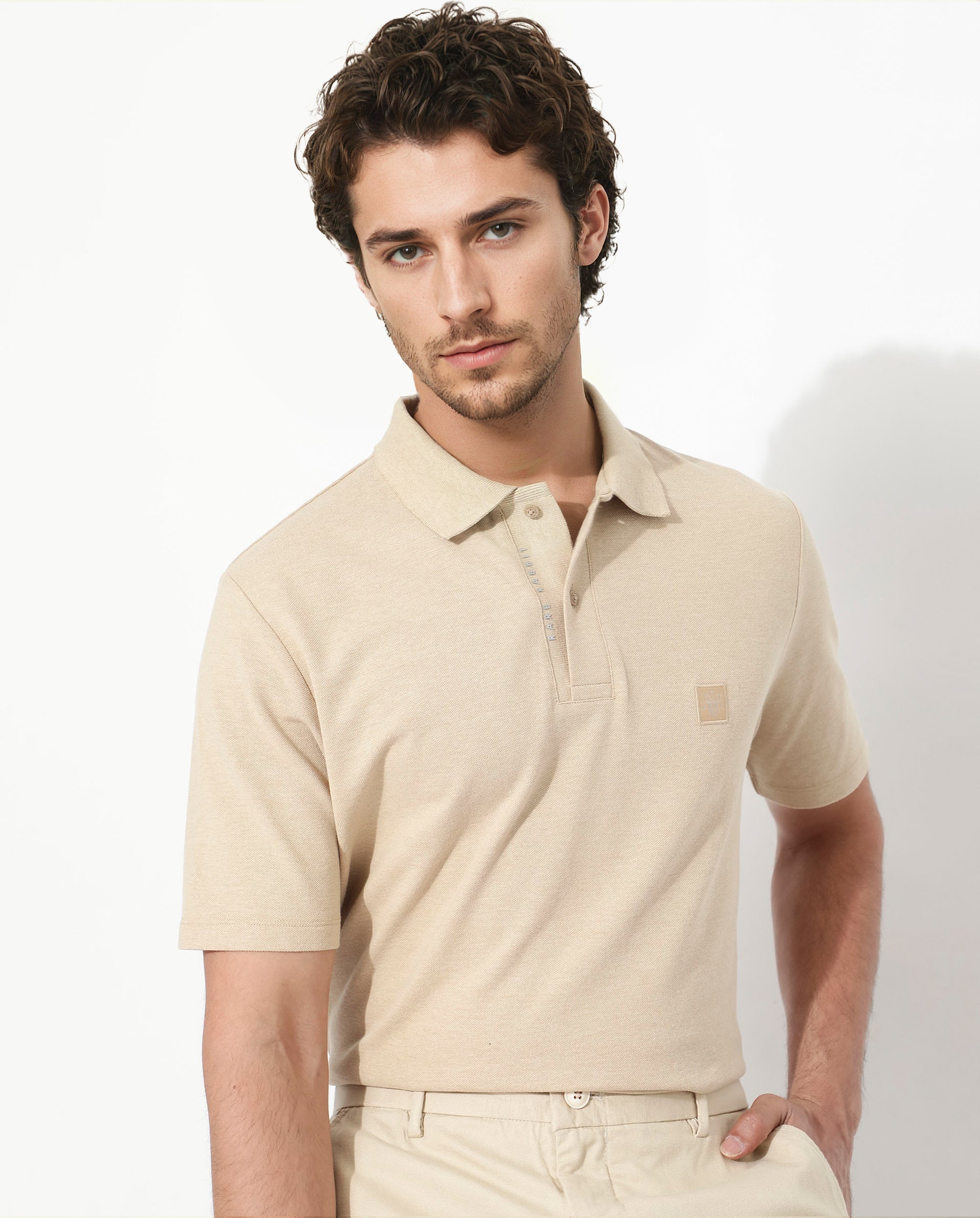 Men's Beige Casual Regular Fit Solid Half Sleeves Polo Tshirt