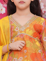 Girls Yellow Floral Printed Alia Design Kurta and Sharara With Dupatta