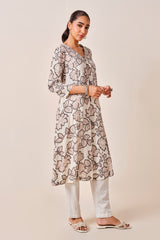 Women's White Casual Printed Three Quarter Sleeves Kurta