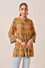 Women's Yellow Casual Printed Three Quarter Sleeves Kurti