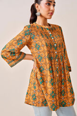 Women's Yellow Casual Printed Three Quarter Sleeves Kurti