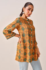 Women's Yellow Casual Printed Three Quarter Sleeves Kurti