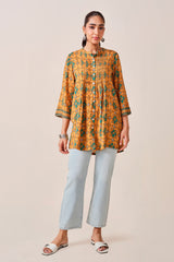 Women's Yellow Casual Printed Three Quarter Sleeves Kurti