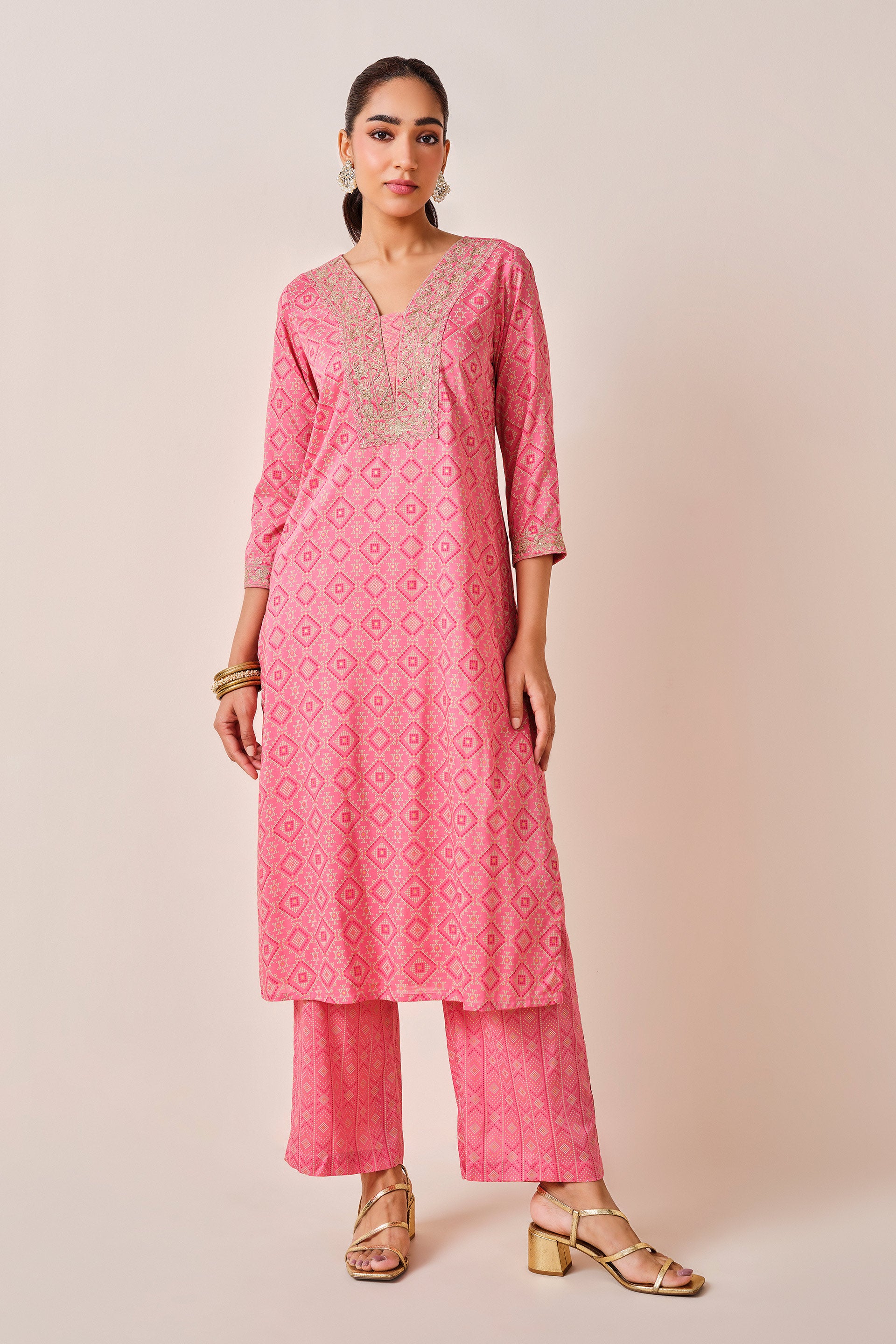 Women's Pink Daily Printed Three Quarter Sleeves Kurta Set