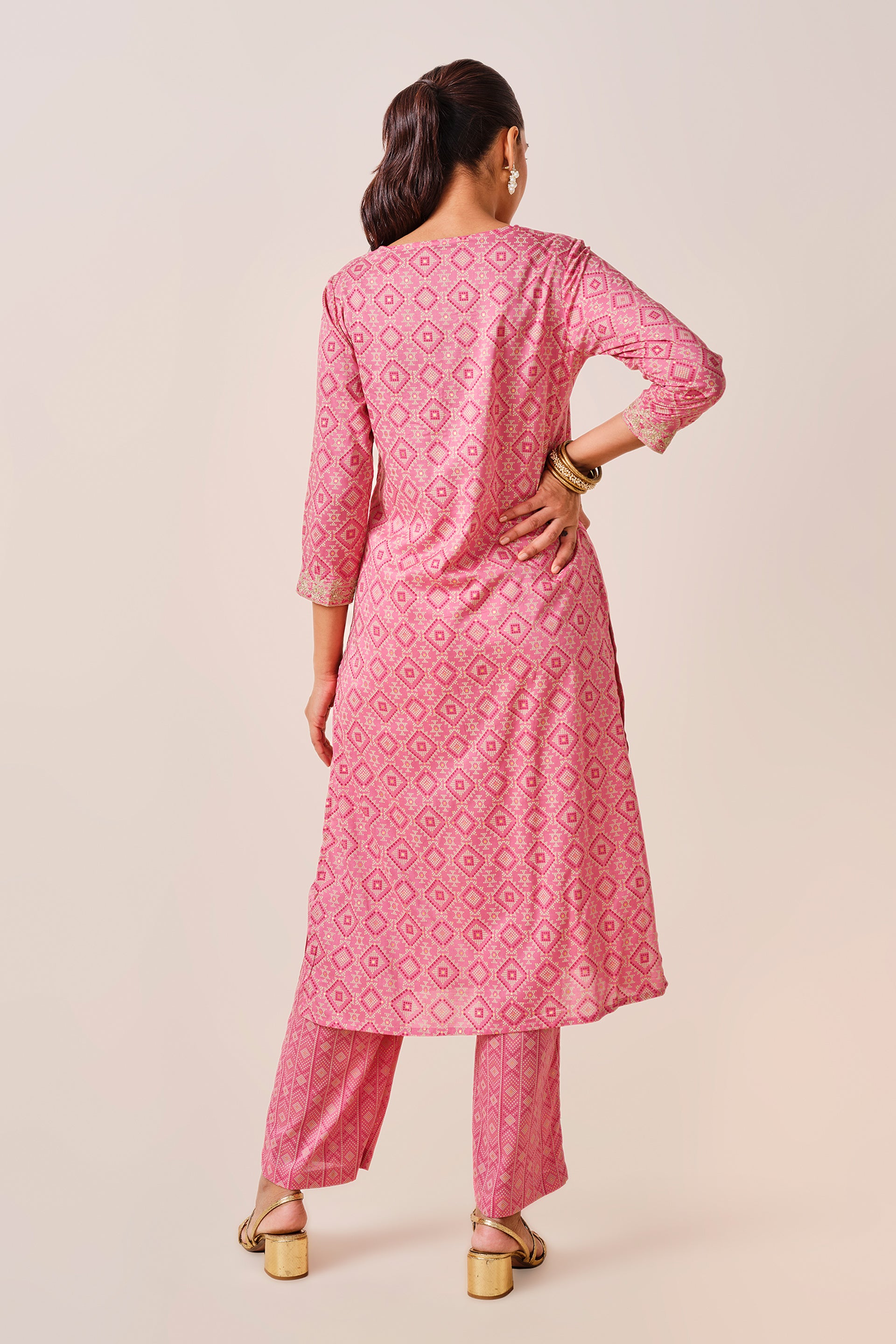 Women's Pink Daily Printed Three Quarter Sleeves Kurta Set
