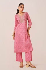 Women's Pink Daily Printed Three Quarter Sleeves Kurta Set