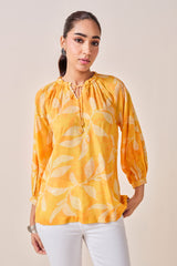 Women's Yellow Casual Printed Three Quarter Sleeves Top