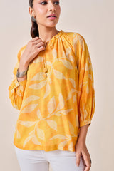 Women's Yellow Casual Printed Three Quarter Sleeves Top