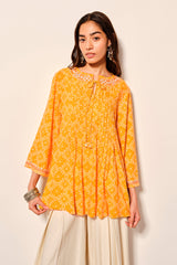 Women's Yellow Casual Printed Three Quarter Sleeves Kurti