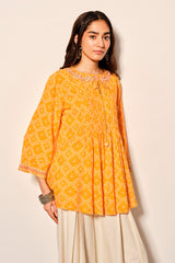 Women's Yellow Casual Printed Three Quarter Sleeves Kurti