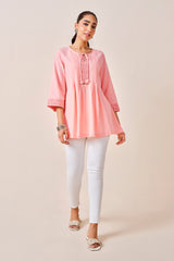 Women's Pink Casual Solid Three Quarter Sleeves Kurti