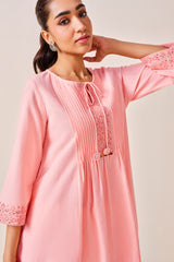 Women's Pink Casual Solid Three Quarter Sleeves Kurti