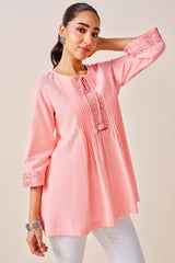 Women's Pink Casual Solid Three Quarter Sleeves Kurti