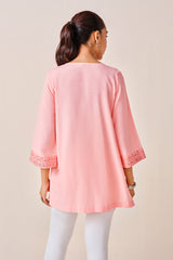 Women's Pink Casual Solid Three Quarter Sleeves Kurti