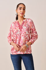 Women's Pink Casual Printed Three Quarter Sleeves Kurti