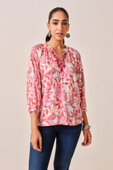 Women's Pink Casual Printed Three Quarter Sleeves Kurti