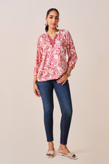 Women's Pink Casual Printed Three Quarter Sleeves Kurti