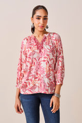 Women's Pink Casual Printed Three Quarter Sleeves Kurti