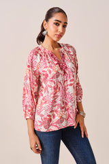 Women's Pink Casual Printed Three Quarter Sleeves Kurti
