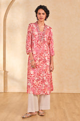 Women's Pink Casual Printed Three Quarter Sleeves Kurta