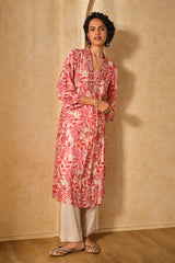 Women's Pink Casual Printed Three Quarter Sleeves Kurta
