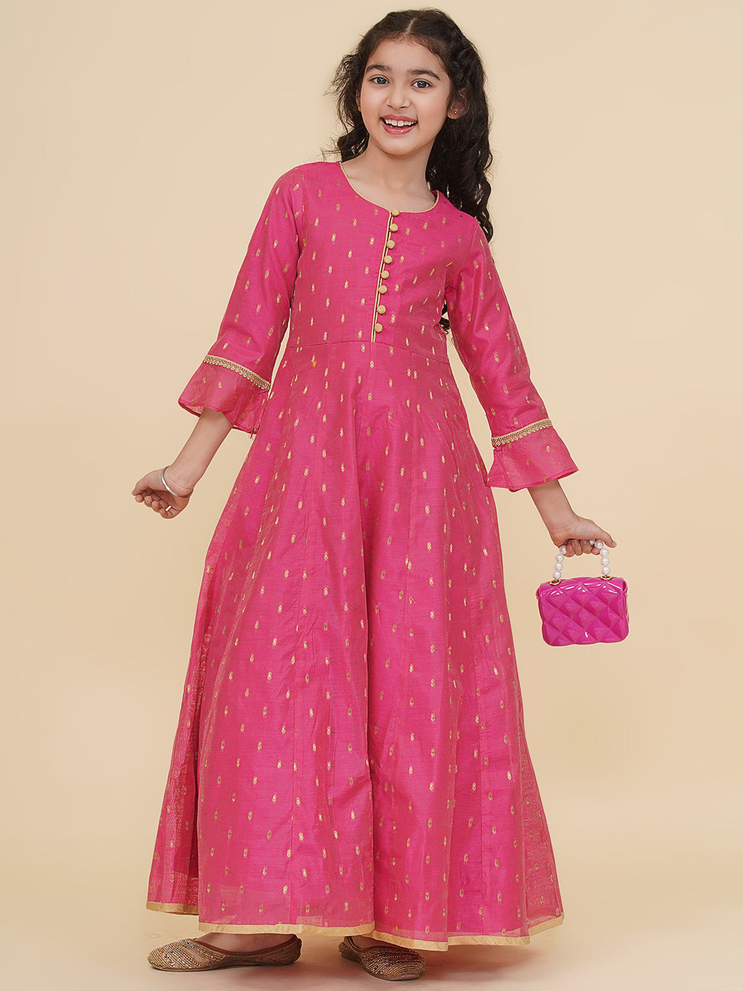 Girls Pink Woven Design Maxi Dress