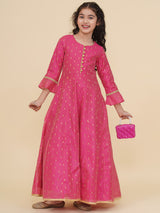 Girls Pink Woven Design Maxi Dress