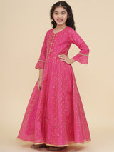 Girls Pink Woven Design Maxi Dress