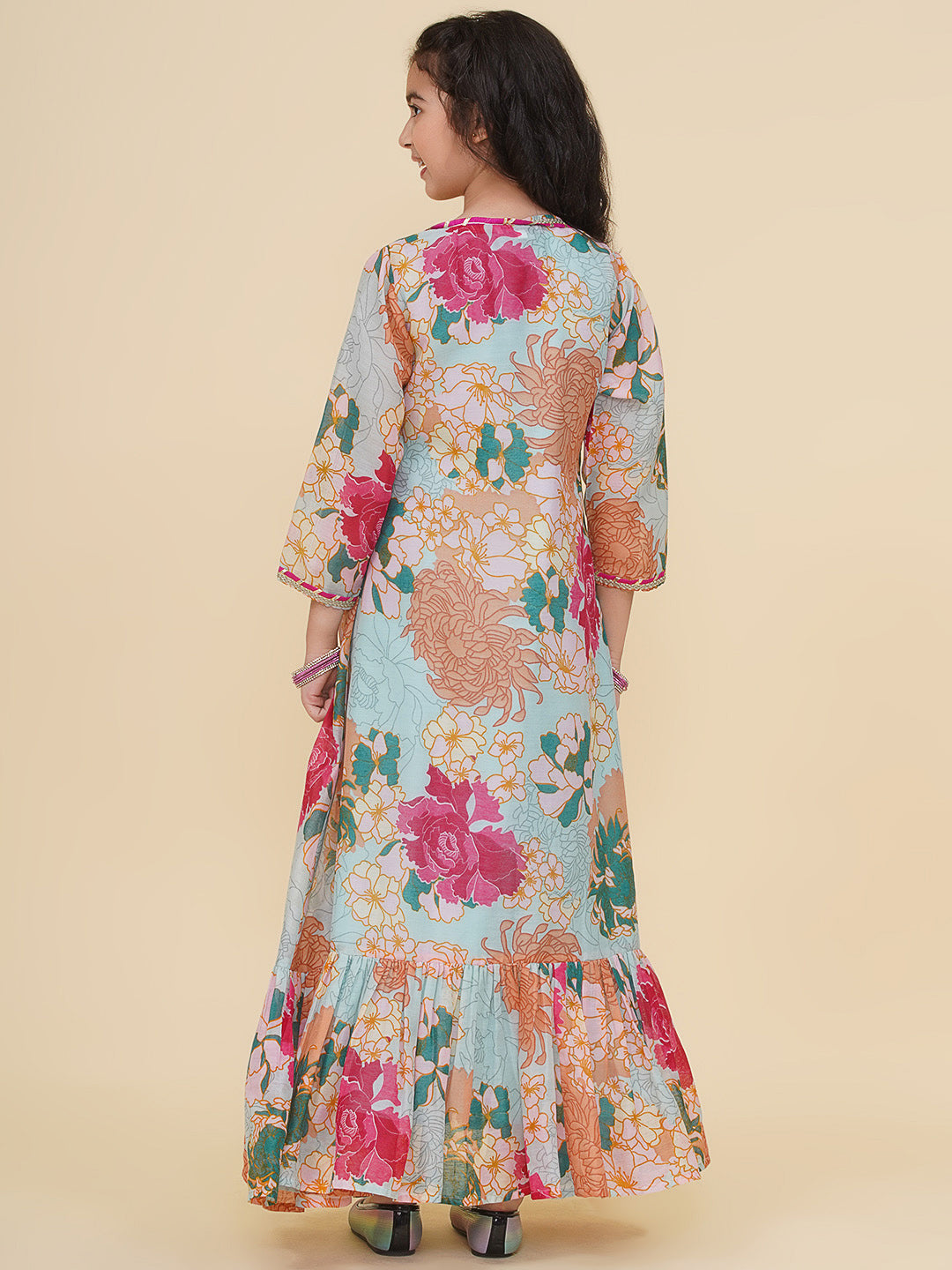 Girls Sea Green & Multi Digital Print Maxi Jacket & Dress