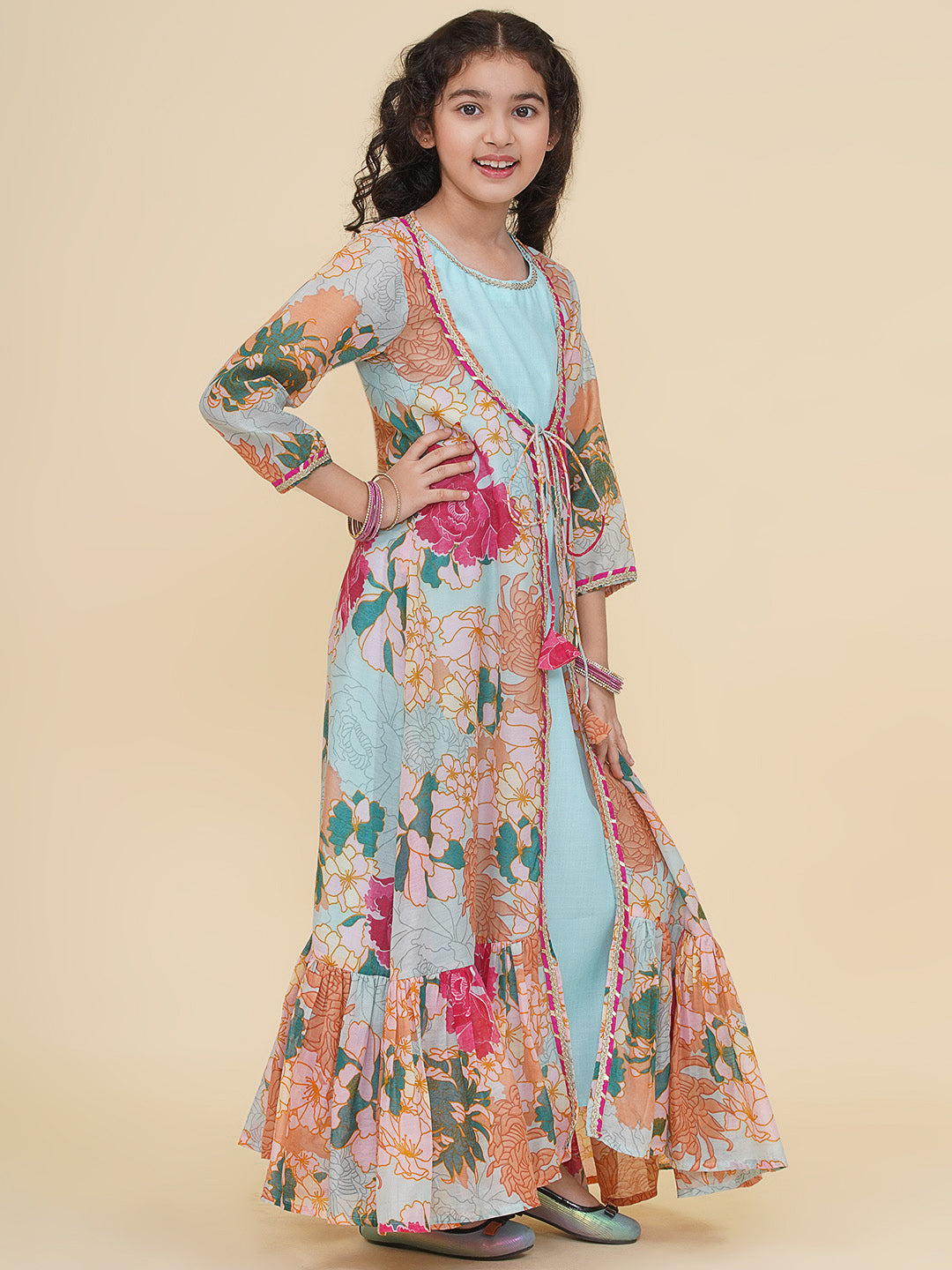 Girls Sea Green & Multi Digital Print Maxi Jacket & Dress