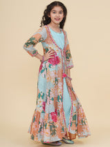 Girls Sea Green & Multi Digital Print Maxi Jacket & Dress