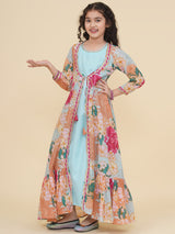 Girls Sea Green & Multi Digital Print Maxi Jacket & Dress