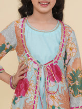 Girls Sea Green & Multi Digital Print Maxi Jacket & Dress