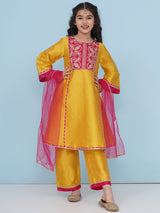 Girls Yellow A-Line Kurta with Trousers & Dupatta