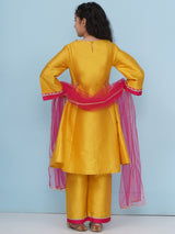 Girls Yellow A-Line Kurta with Trousers & Dupatta