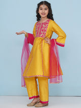 Girls Yellow A-Line Kurta with Trousers & Dupatta