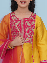 Girls Yellow A-Line Kurta with Trousers & Dupatta
