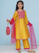 Girls Yellow A-Line Kurta with Trousers & Dupatta