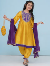 Girls Yellow Purple A-Line Kurta with Afgani Salwar & Dupatta