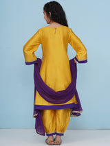 Girls Yellow Purple A-Line Kurta with Afgani Salwar & Dupatta