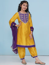 Girls Yellow Purple A-Line Kurta with Afgani Salwar & Dupatta