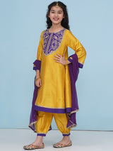 Girls Yellow Purple A-Line Kurta with Afgani Salwar & Dupatta