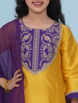 Girls Yellow Purple A-Line Kurta with Afgani Salwar & Dupatta