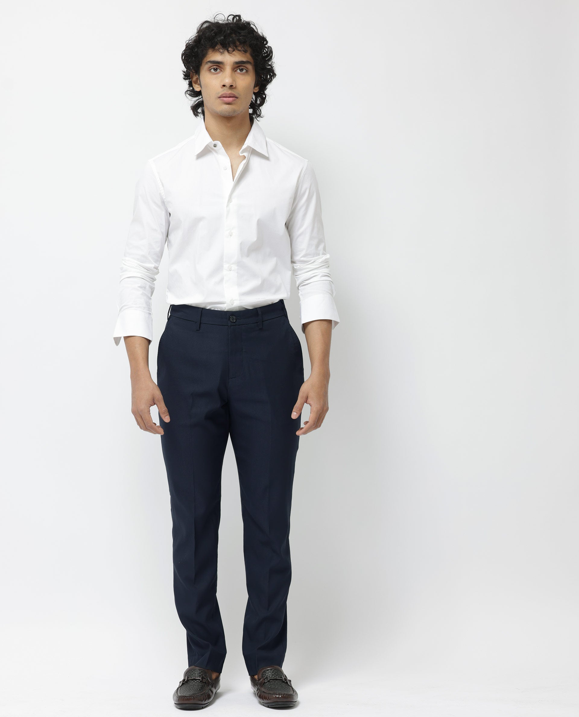 Men's Navy Casual Regular Fit Solid Trouser
