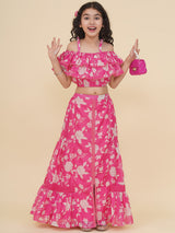 Girls Pink & White Printed Top & Ready to Wear Skirt