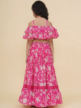 Girls Pink & White Printed Top & Ready to Wear Skirt