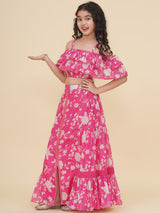 Girls Pink & White Printed Top & Ready to Wear Skirt